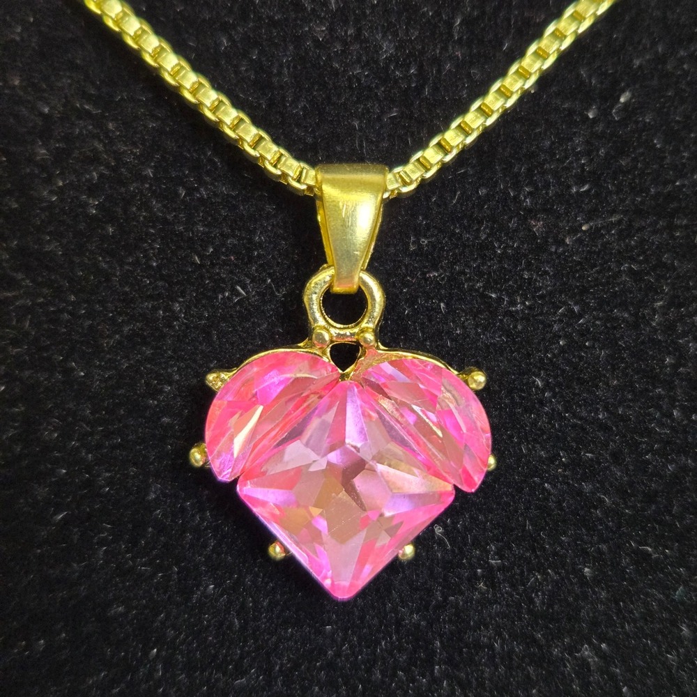 Hot Pink Heart Shaped Pendant Necklace, Faceted Stone,‎ Barbiecore, 16" Chain